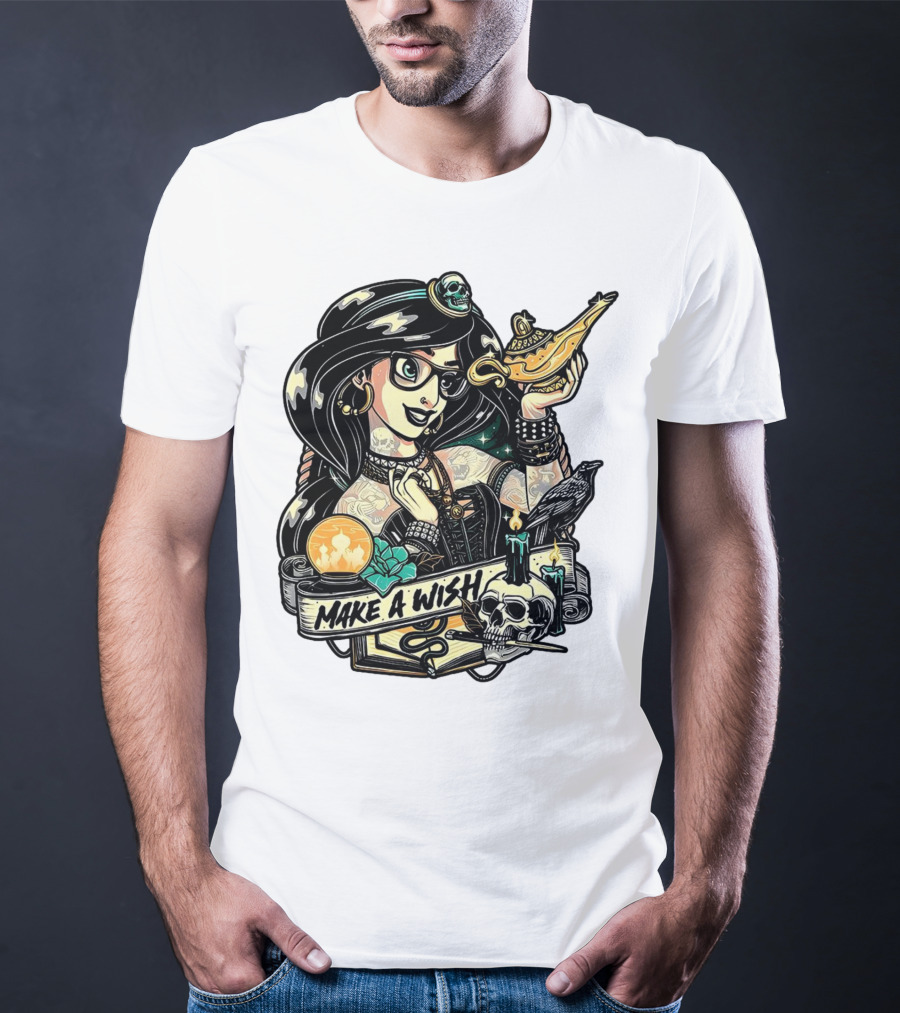 Jasmine Princess Aladdin Make A Wish Tattoo Style With Skull And Lamp T-Shirt