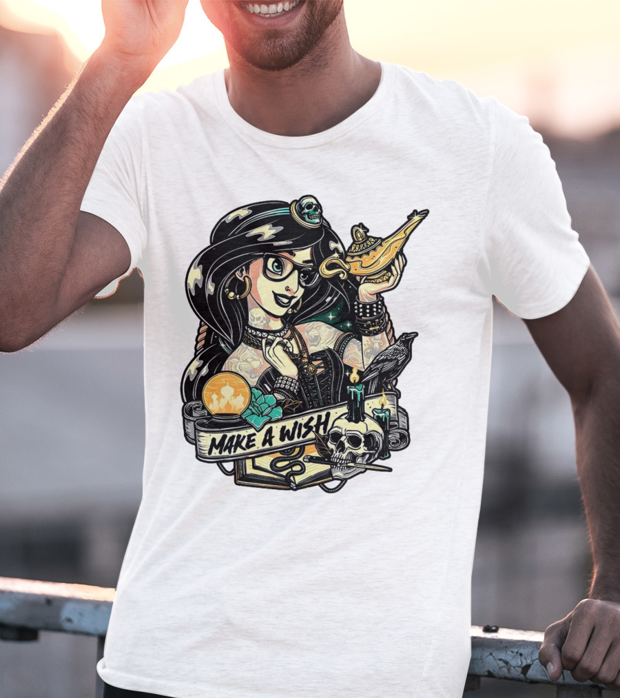 Jasmine Princess Aladdin Make A Wish Tattoo Style With Skull And Lamp T-Shirt