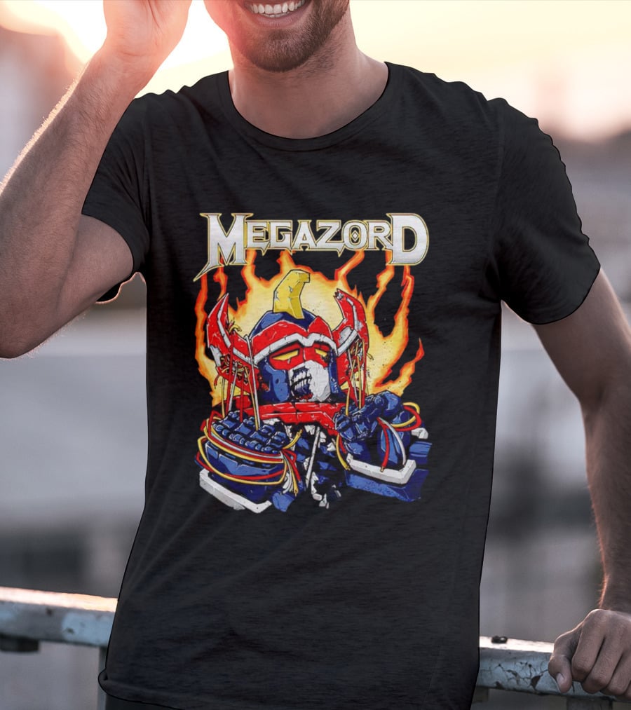 Megazord Power Rangers Mighty Morphin Flaming Robot Head T-Shirt