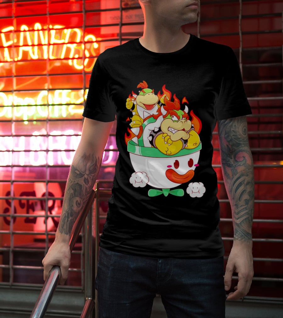 Bowser And Bowser Jr. Father And Son In Clown Car With Flames T-Shirt