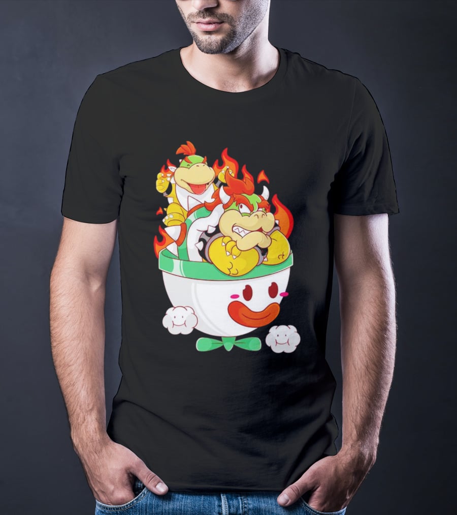Bowser And Bowser Jr. Father And Son In Clown Car With Flames T-Shirt