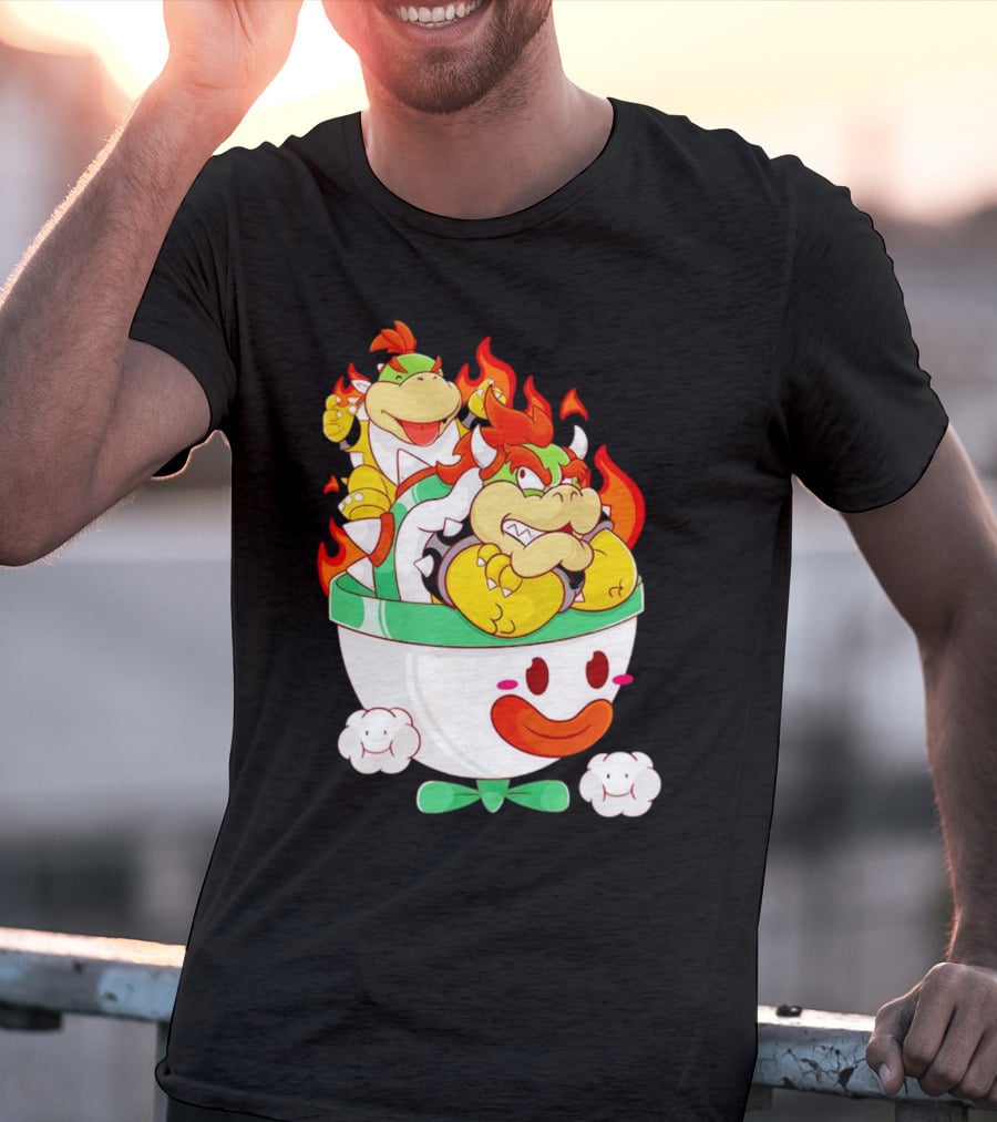 Bowser And Bowser Jr. Father And Son In Clown Car With Flames T-Shirt