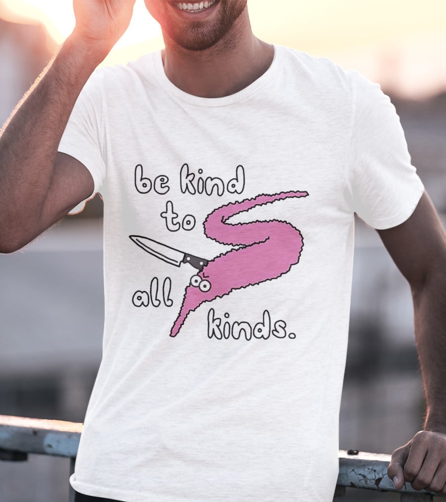 Be Kind To All Kinds Pink Squiggle Worm With Knife T-Shirt