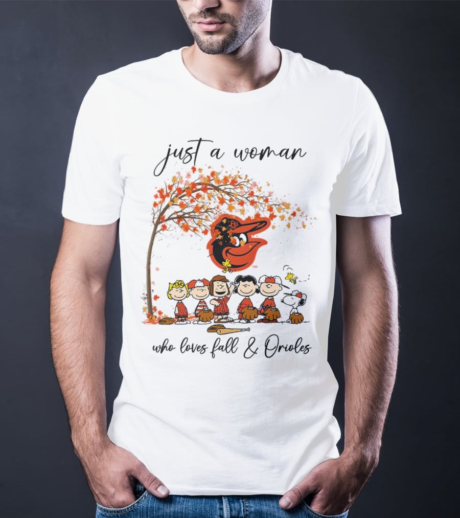 Just A Woman Who Loves Fall And Orioles Peanuts Football Thanksgiving T-Shirt