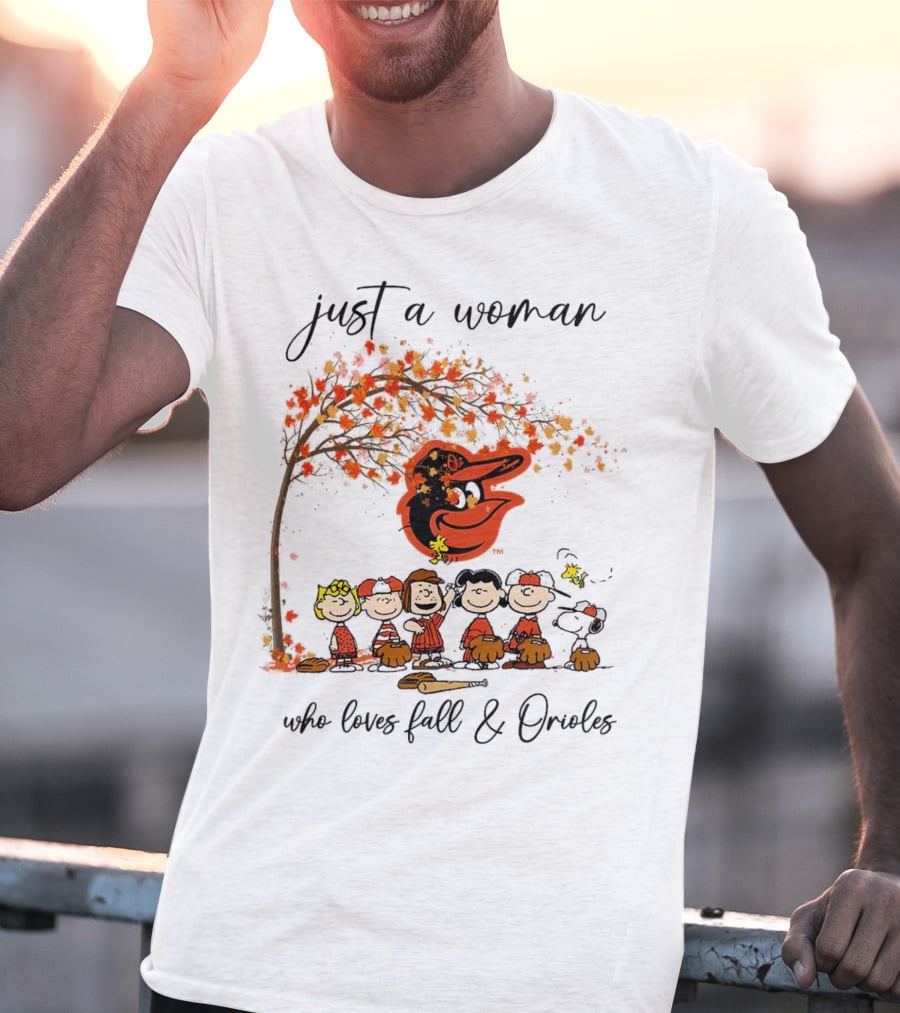 Just A Woman Who Loves Fall And Orioles Peanuts Football Thanksgiving T-Shirt