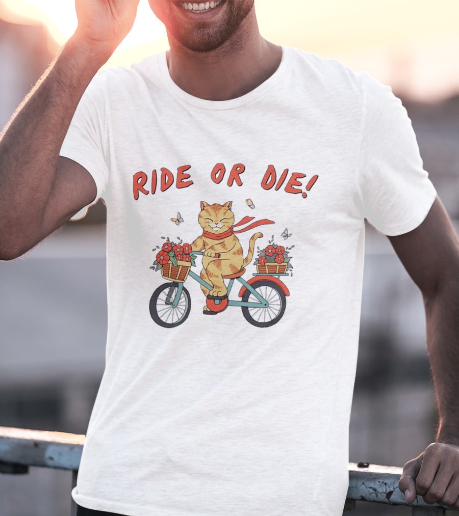 Ride Or Die Catana Bike Riding Cat With Flowers And Scarf T-Shirt