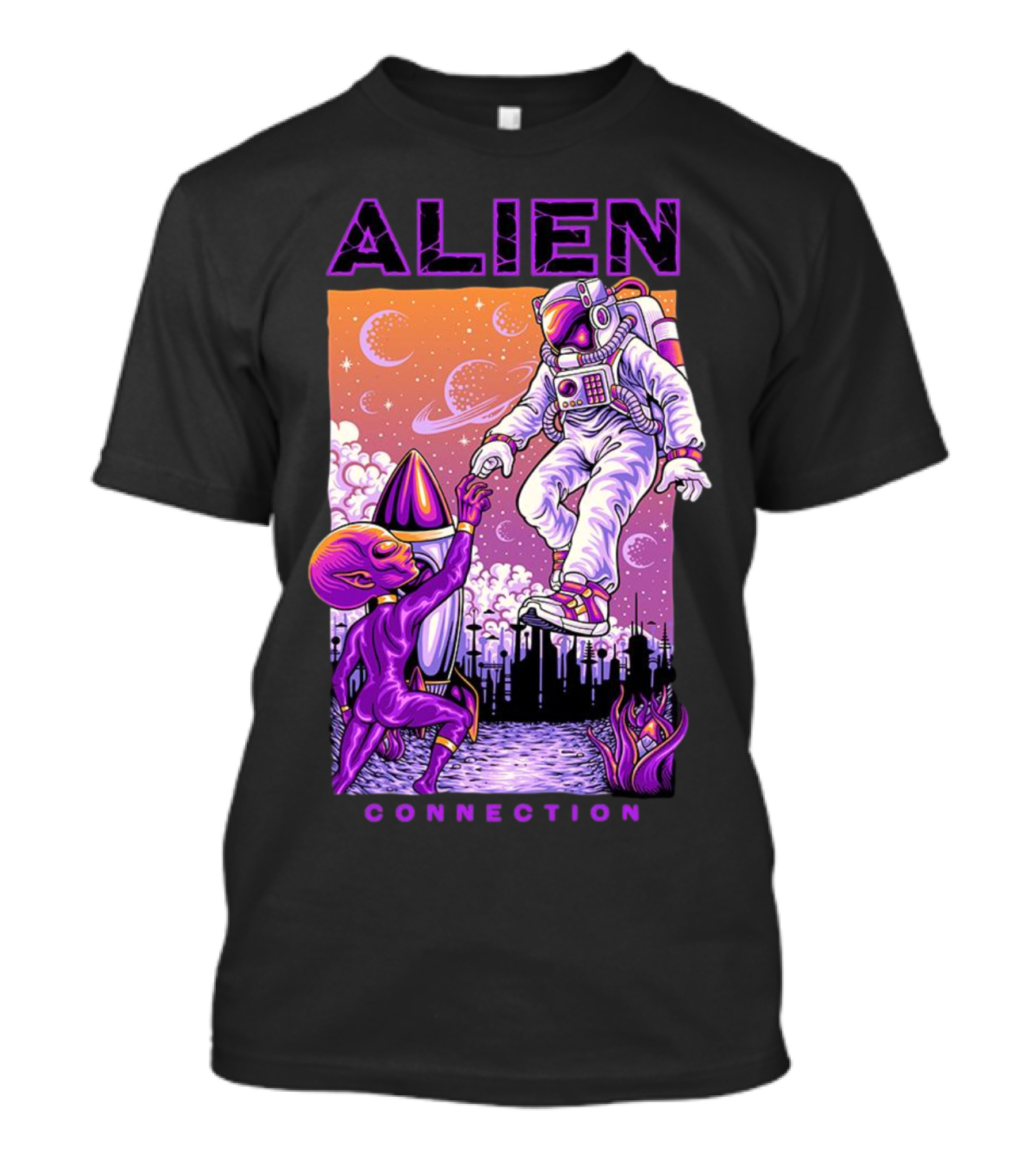 Alien And Astronaut Universal Bond Under Neon Cosmic Sky T-Shirt