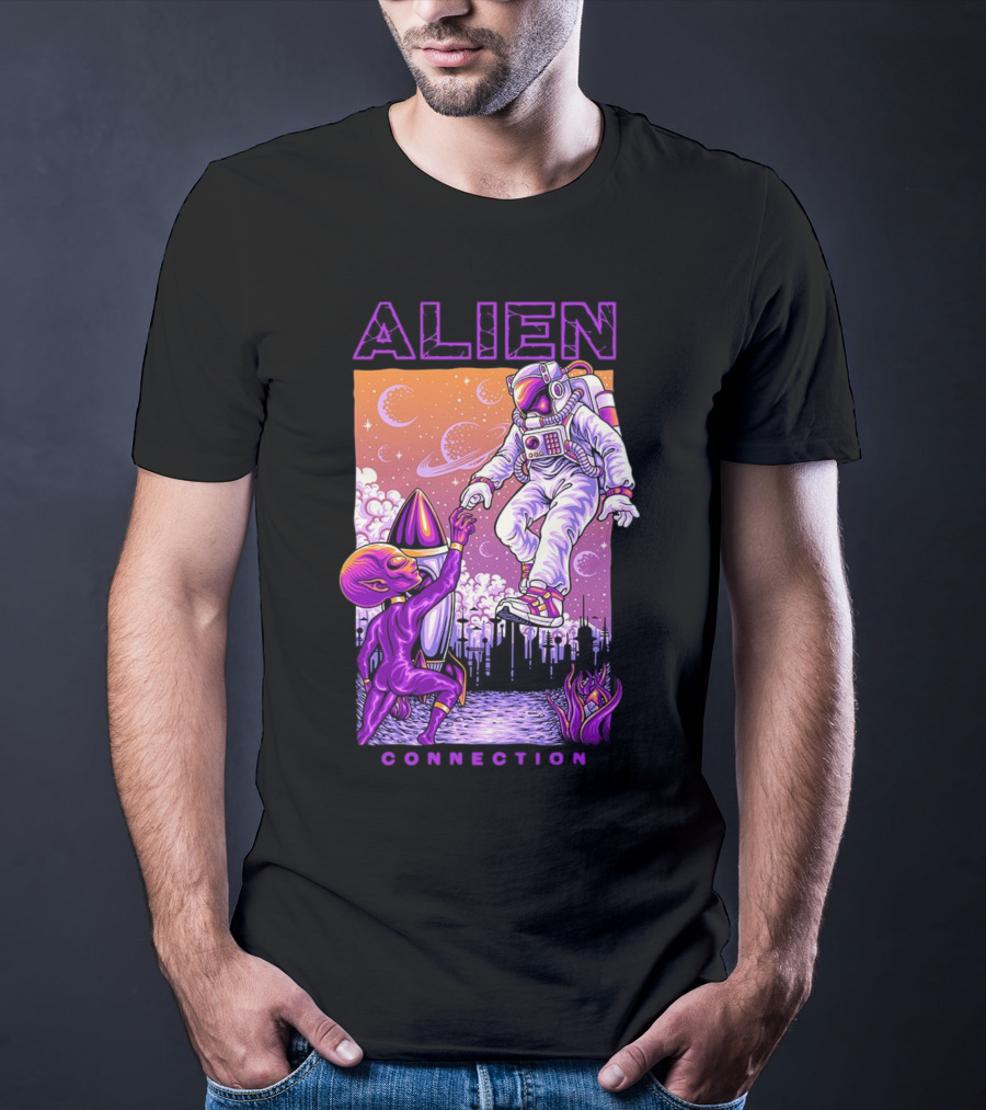Alien And Astronaut Universal Bond Under Neon Cosmic Sky T-Shirt