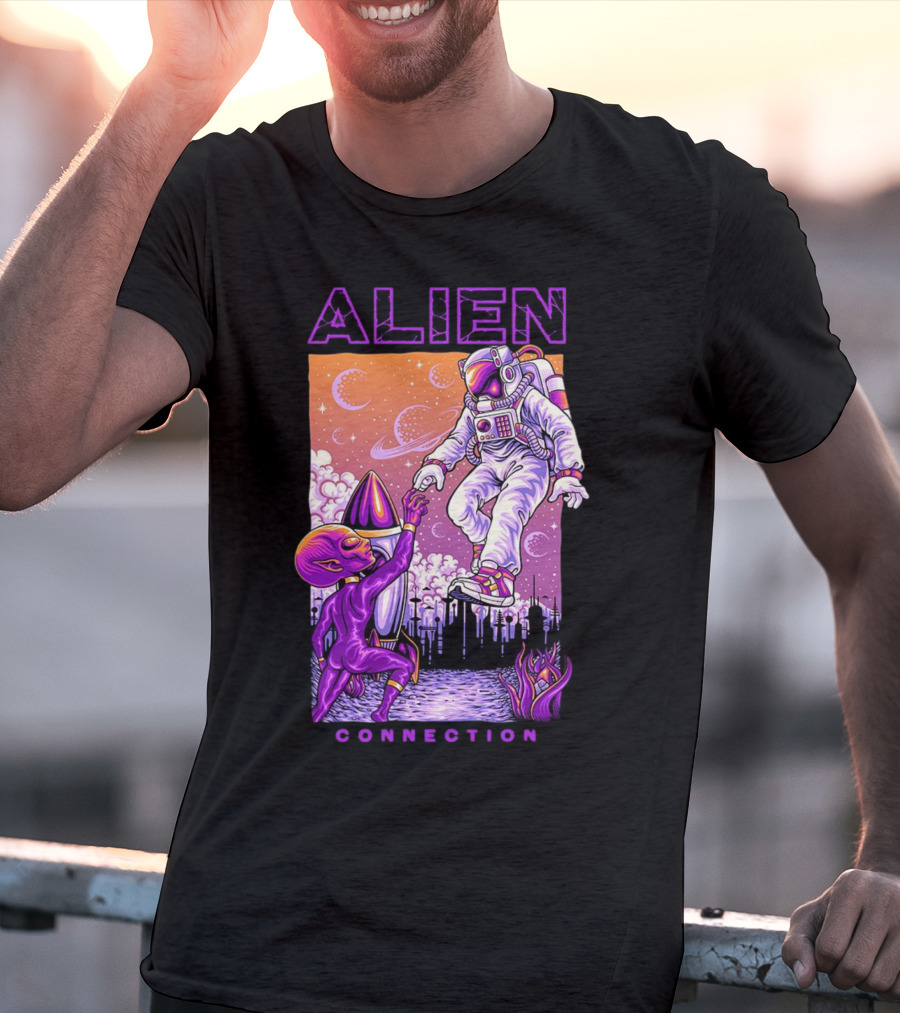 Alien And Astronaut Universal Bond Under Neon Cosmic Sky T-Shirt