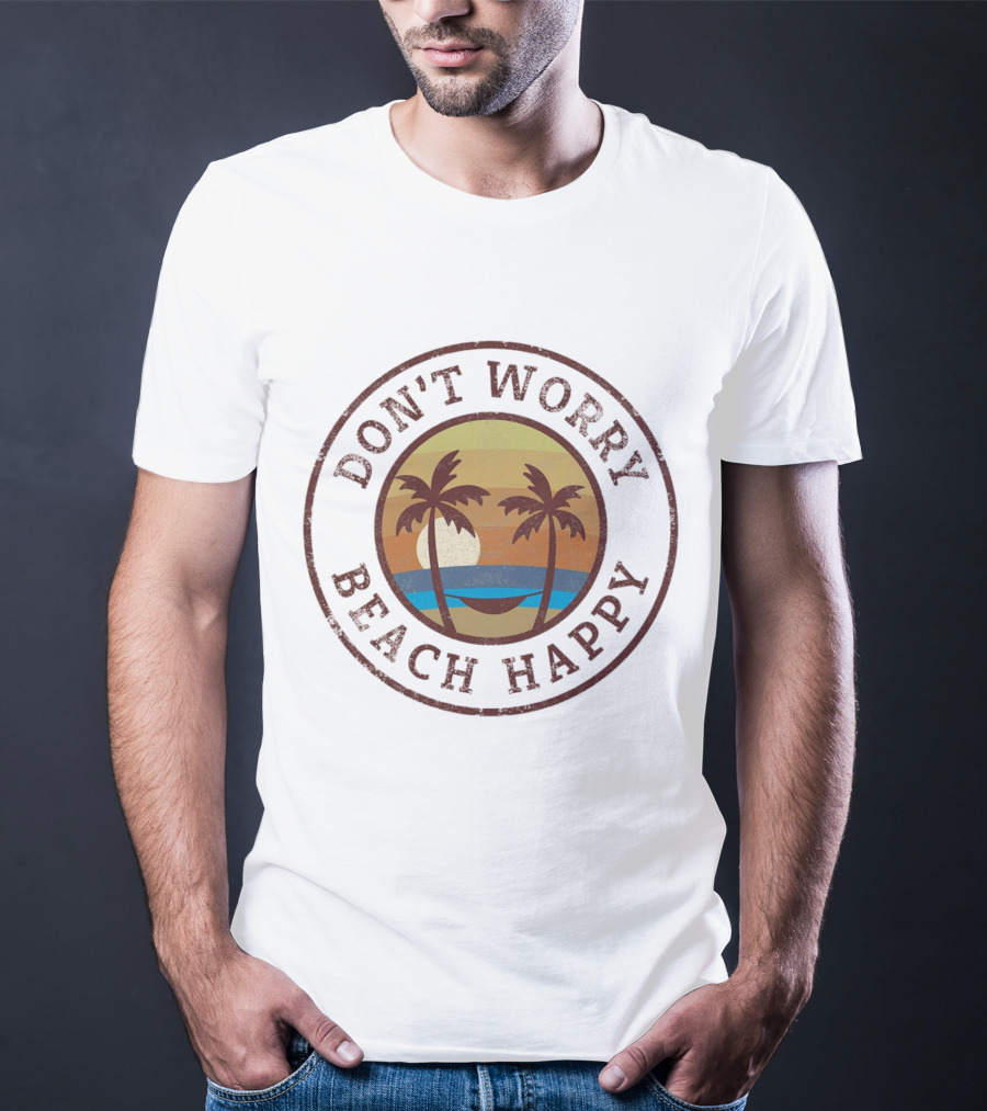 Don’t Worry Beach Happy Palm Trees Sunset Hammock Retro Circle T-Shirt