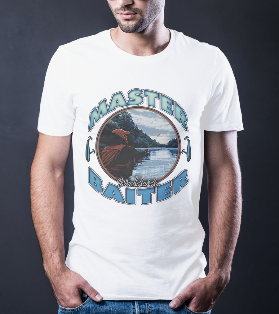 Master Baiter Worldwide Fishing Scene With Blue Text And Water Reflection T-Shirt