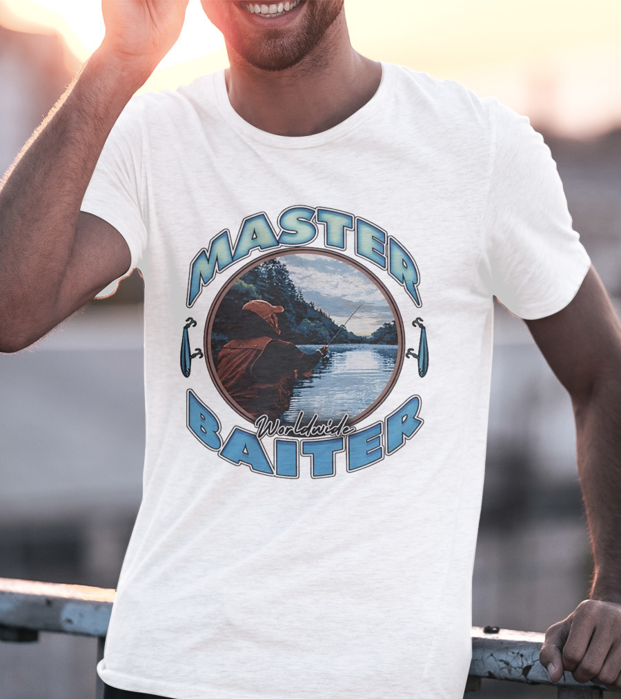 Master Baiter Worldwide Fishing Scene With Blue Text And Water Reflection T-Shirt