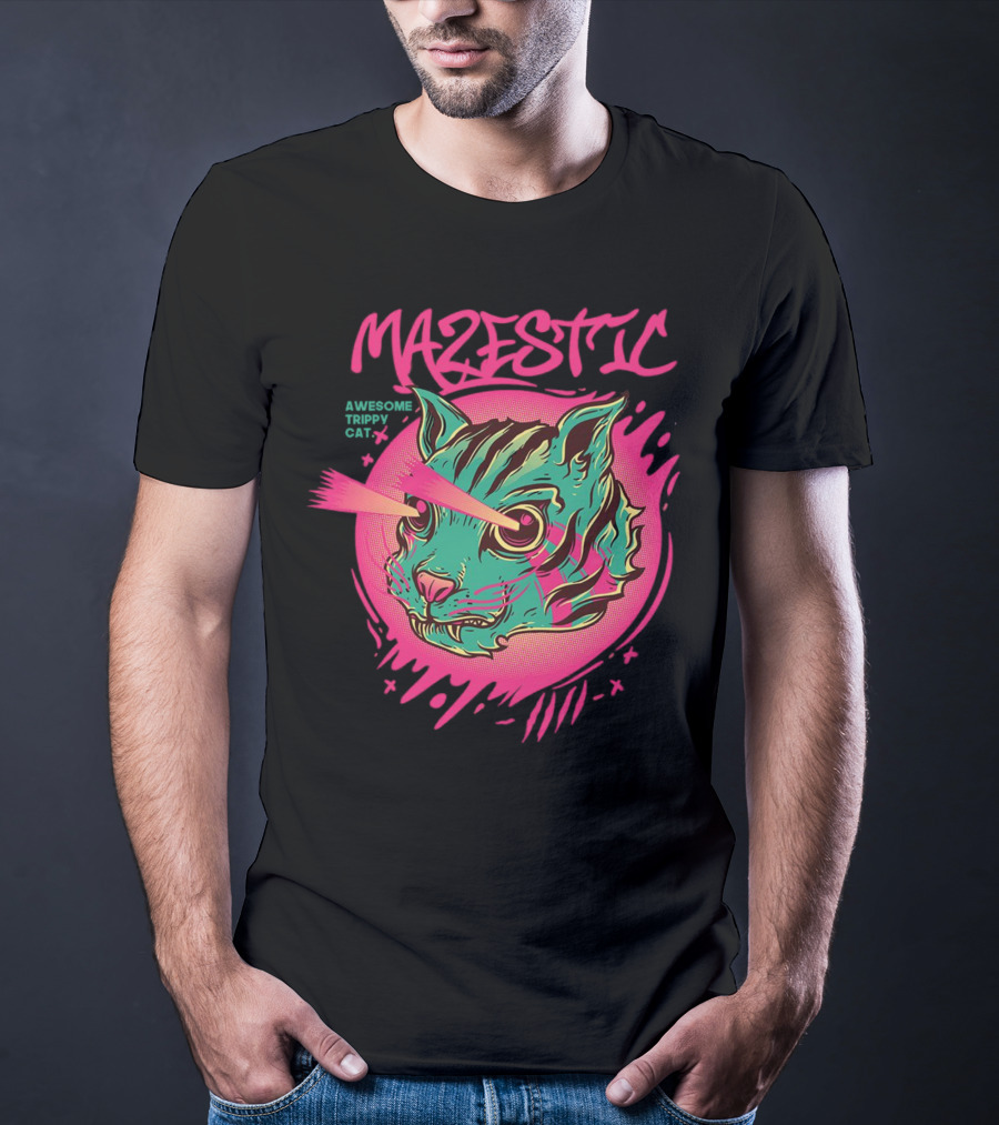 Mazestic Awesome Trippy Cat Psychedelic Neon Laser Eyes T-Shirt