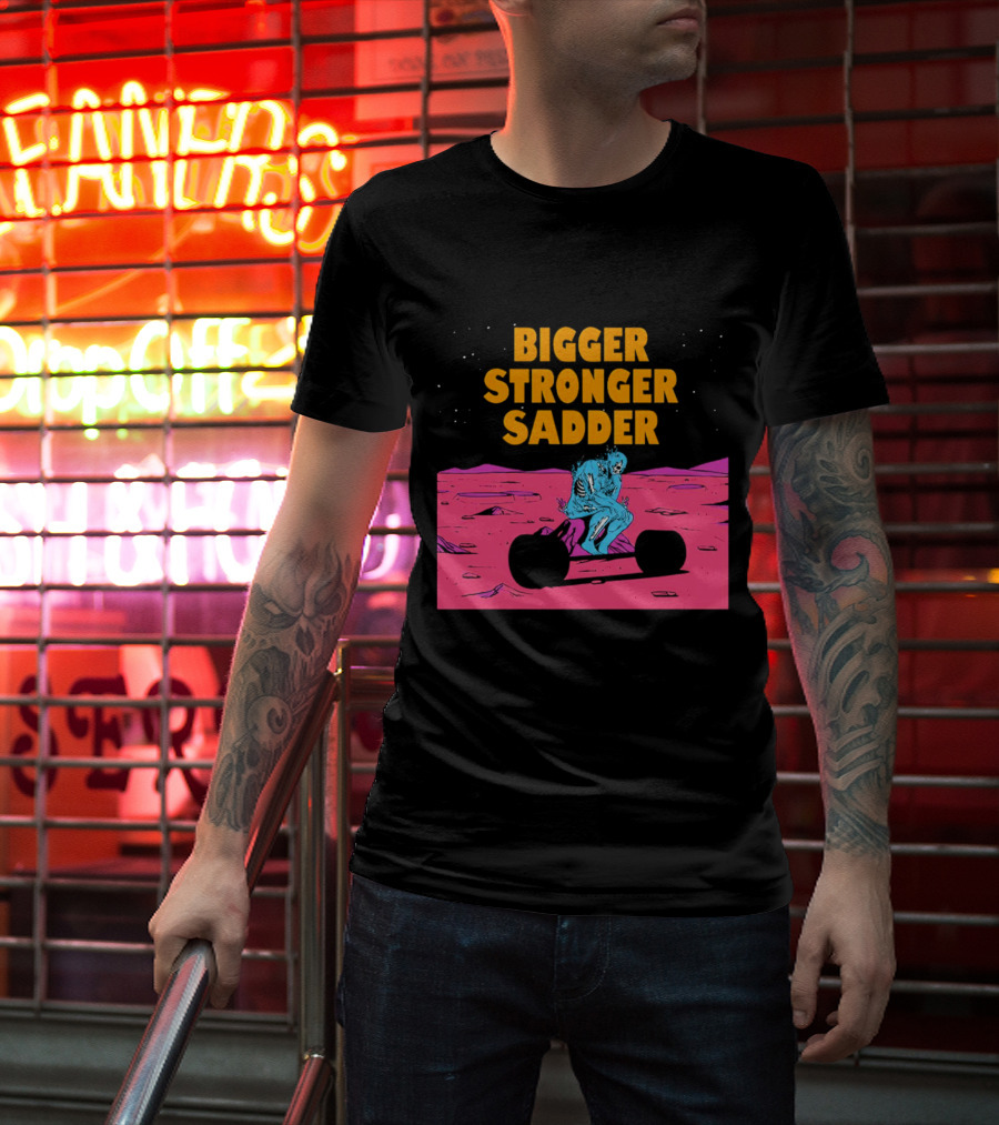 Bigger Stronger Sadder Skeleton Lifting Weights On Alien Planet T-Shirt