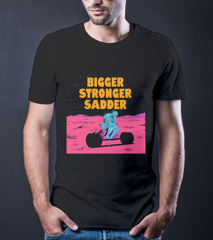 Bigger Stronger Sadder Skeleton Lifting Weights On Alien Planet T-Shirt