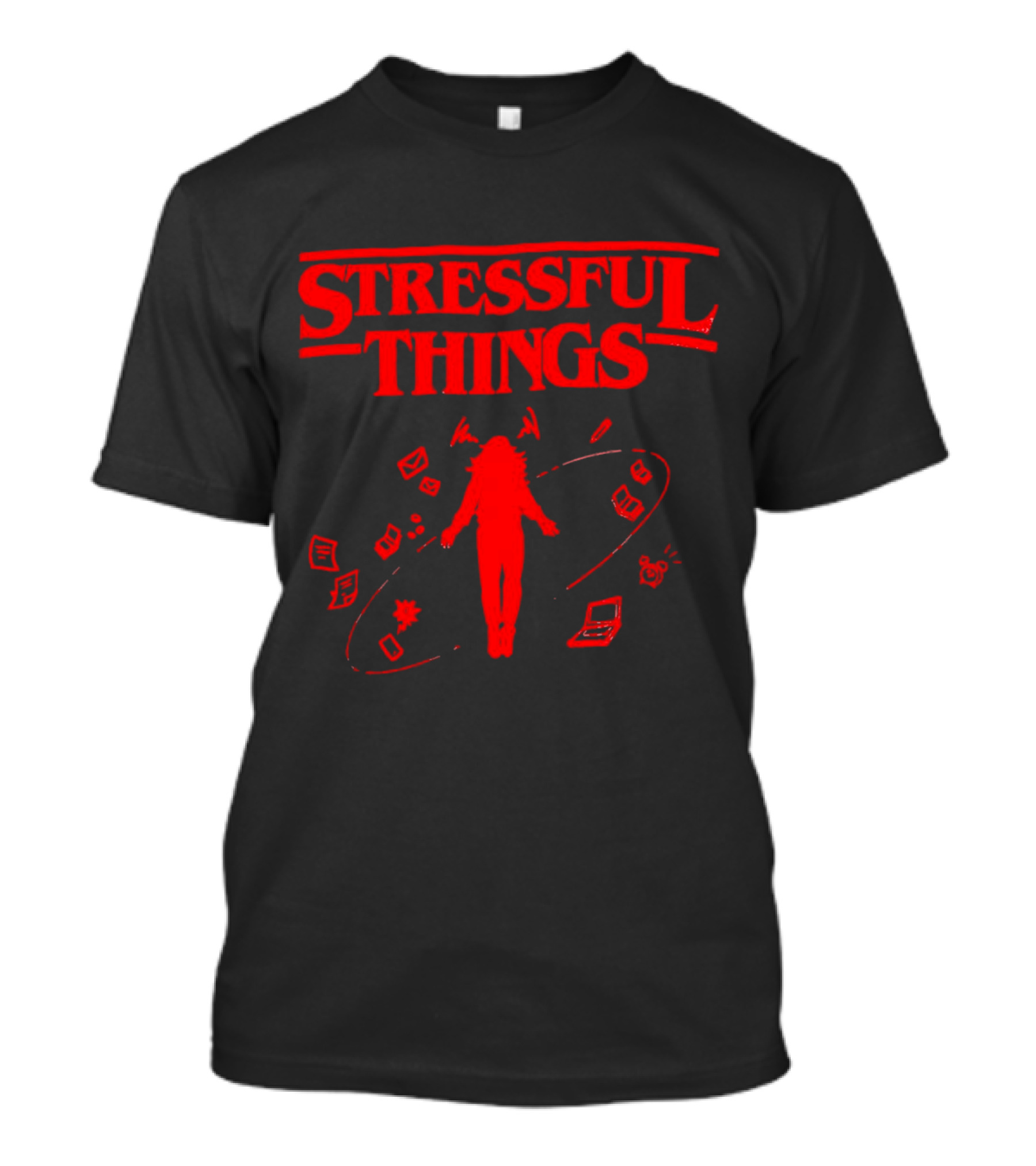Stressful Things Floating Person With Scribbles And Electronics T-Shirt