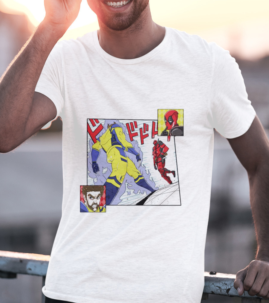 Intimate Enemies Deadpool Confrontation With Wolverine Comic Style Panel T-Shirt