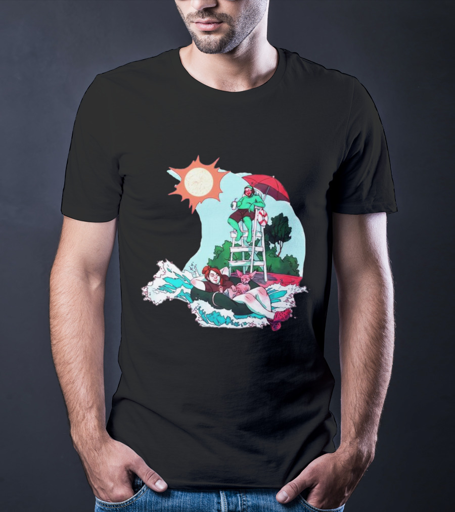 Deadpool Wubby Lifeguard Summer Beach Scene With Pool Float And Sunshine T-Shirt