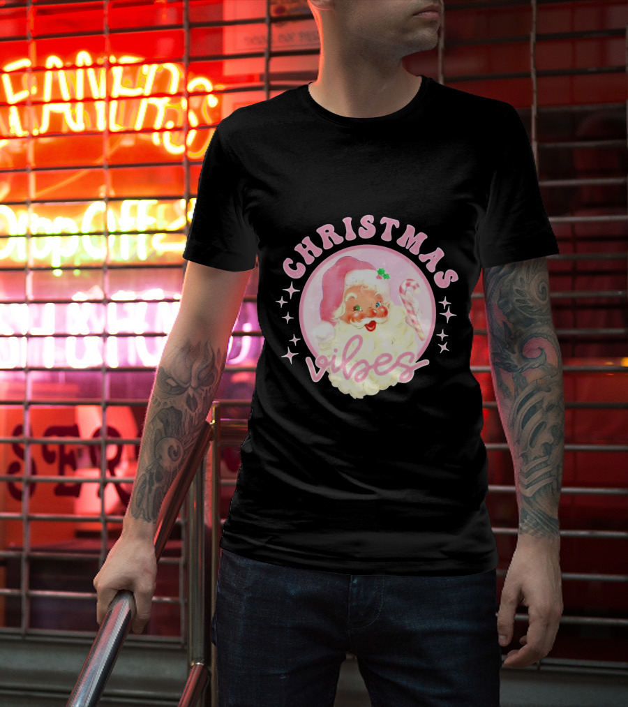 Christmas Vibes Santa Claus Candy Cane Retro Holiday T-Shirt