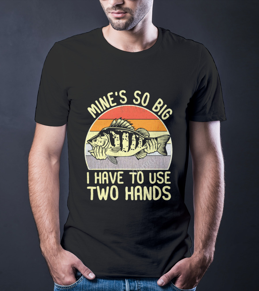 Vintage Fish Mine's So Big I Have To Use Two Hands Retro Sunset Stripes T-Shirt
