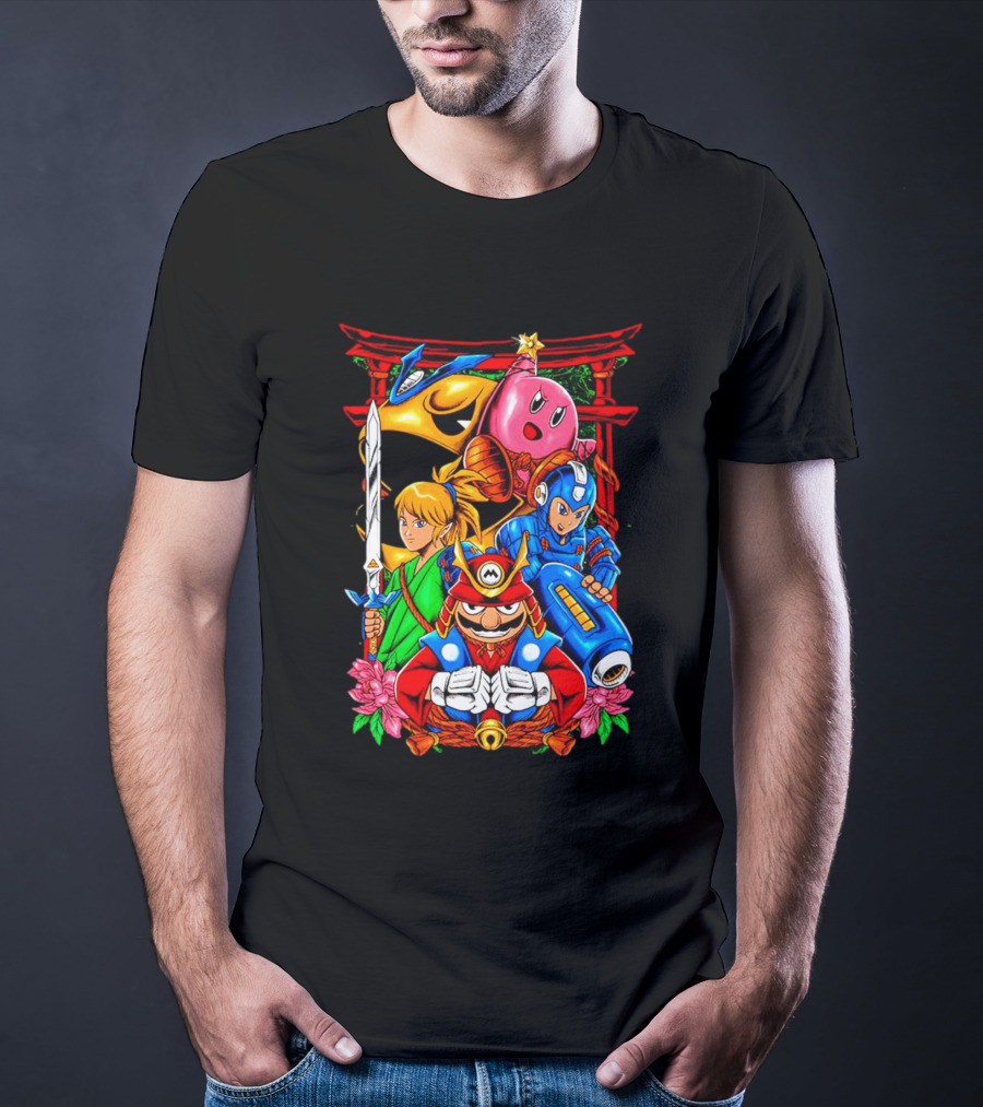 Game Heroes Showcase Pac-Man Kirby Link Mega Man Mario Collaboration T-Shirt
