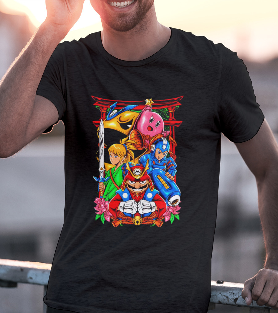 Game Heroes Showcase Pac-Man Kirby Link Mega Man Mario Collaboration T-Shirt