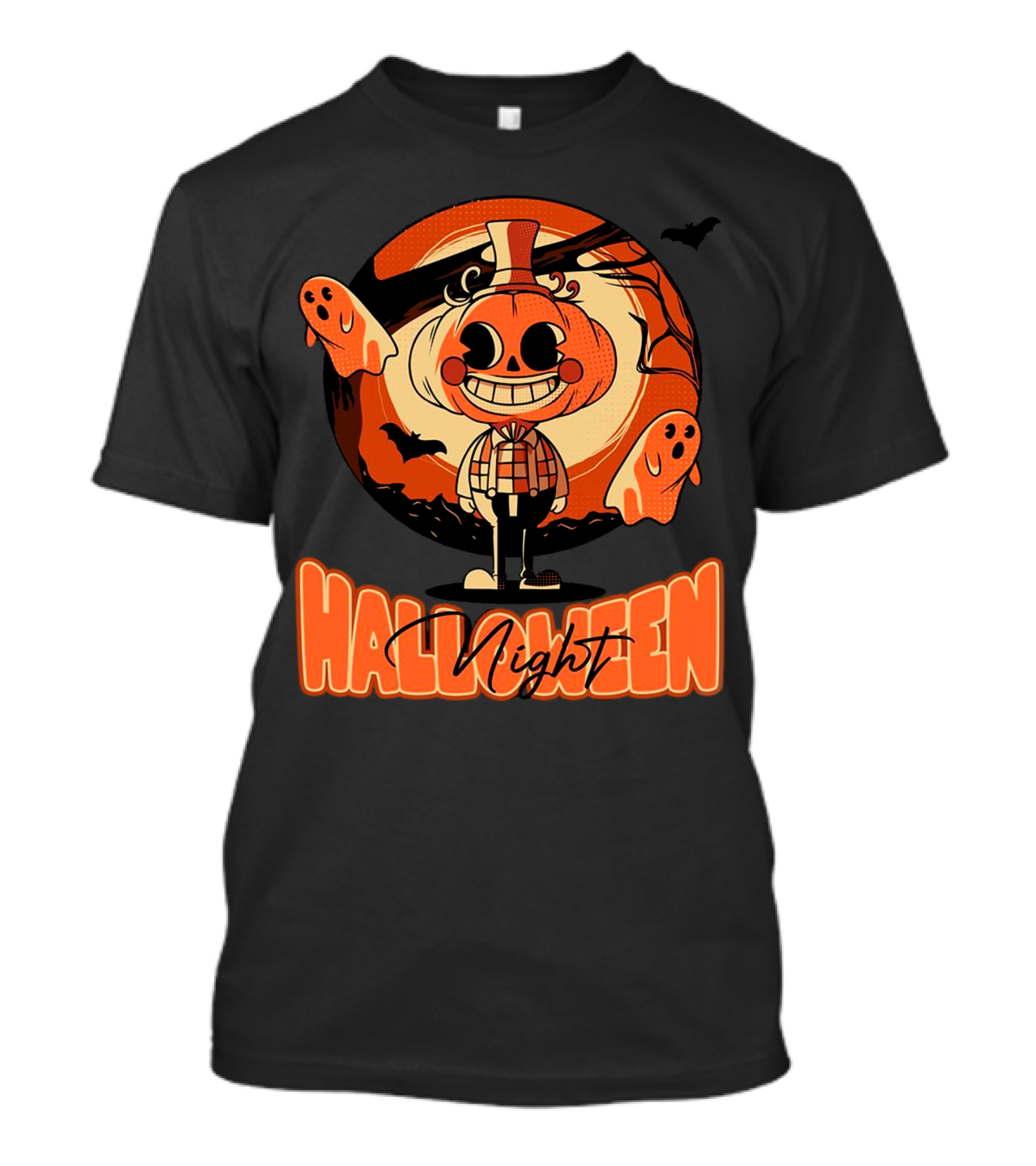Halloween Night Pumpkin Head Boy With Ghosts And Bats T-Shirt