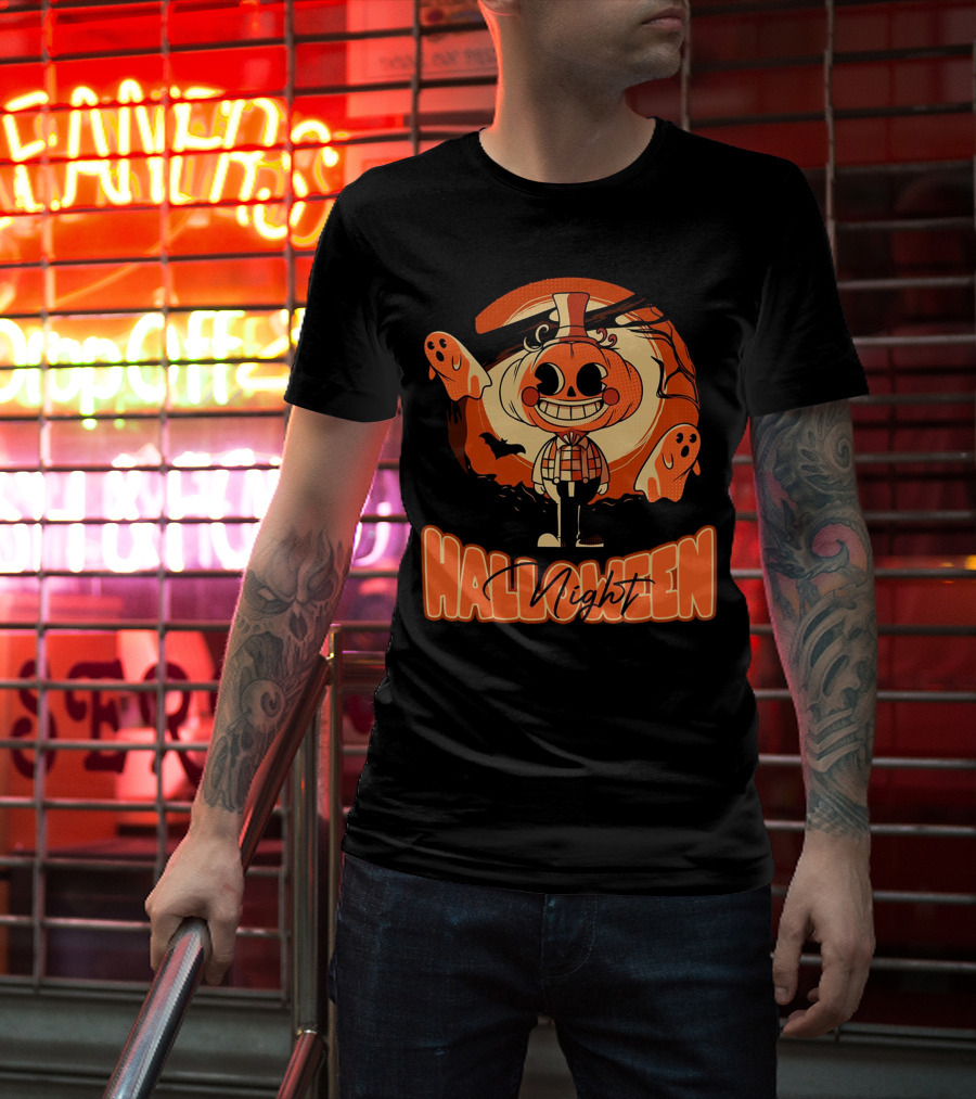 Halloween Night Pumpkin Head Boy With Ghosts And Bats T-Shirt