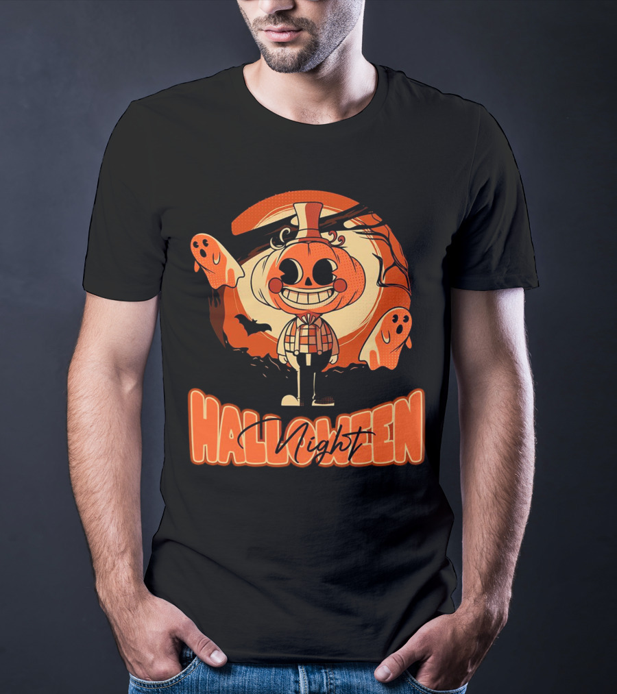 Halloween Night Pumpkin Head Boy With Ghosts And Bats T-Shirt