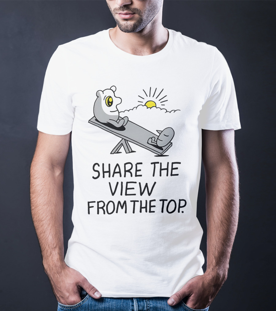 Share The View From The Top - Cartoon Figures On Teeter-Totter With Sunset T-Shirt