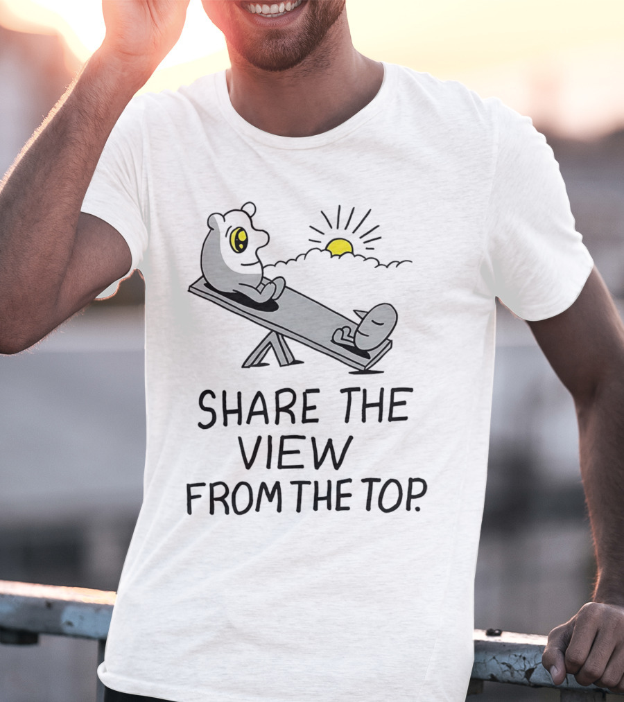 Share The View From The Top - Cartoon Figures On Teeter-Totter With Sunset T-Shirt