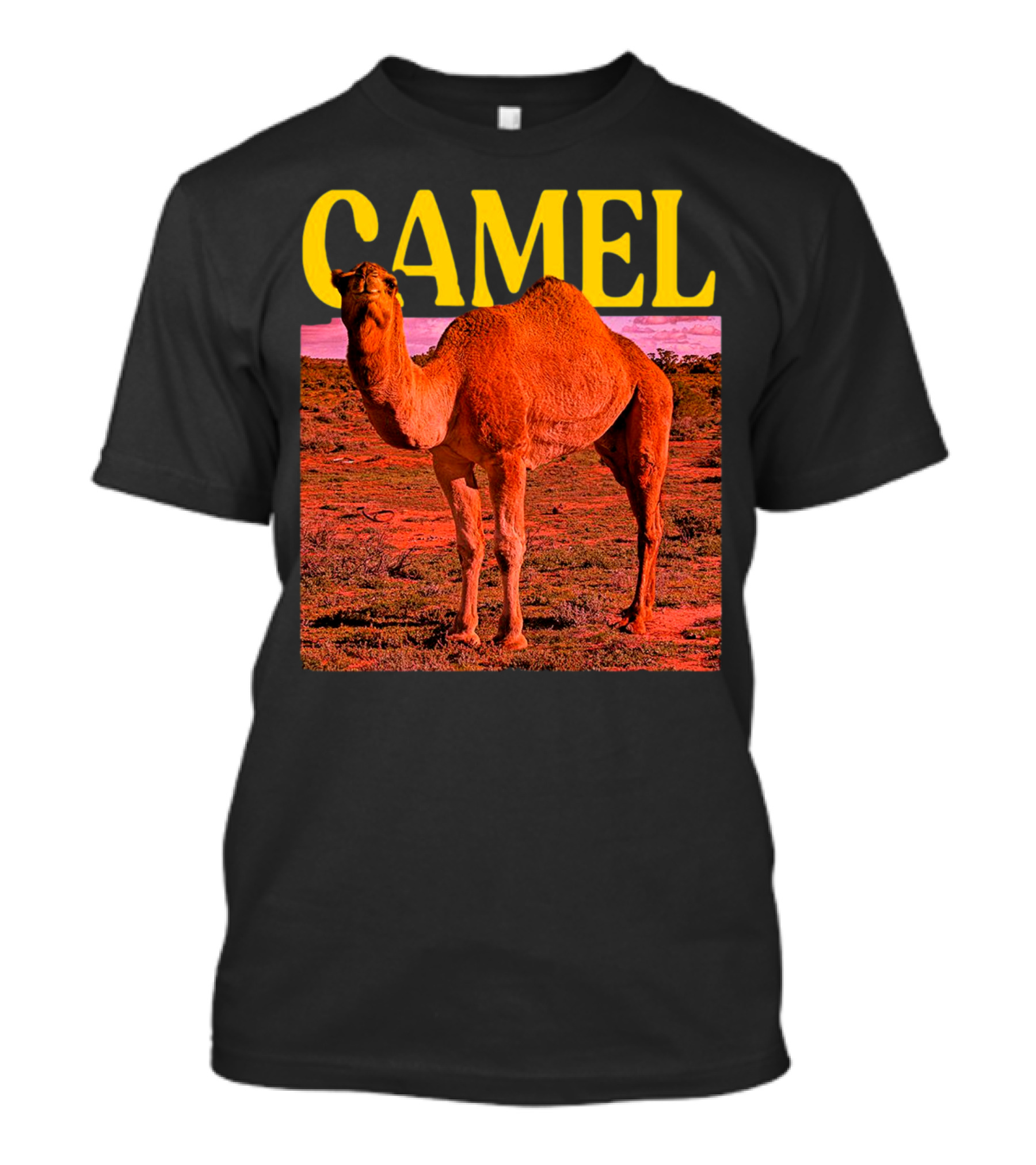 Camel In Vibrant Orange Desert Landscape T-Shirt