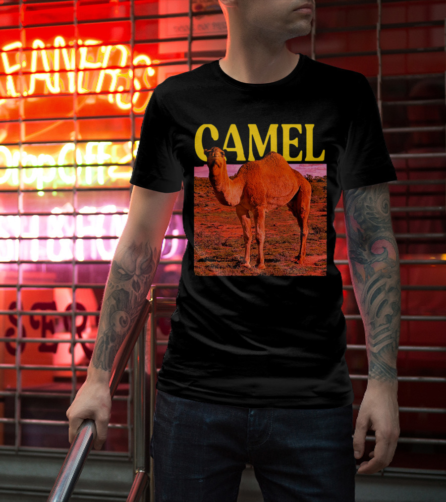 Camel In Vibrant Orange Desert Landscape T-Shirt