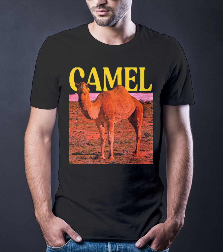 Camel In Vibrant Orange Desert Landscape T-Shirt