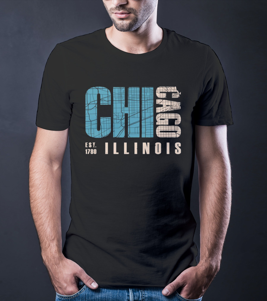 CHI Chicago Illinois Est. 1780 Map Typography T-Shirt