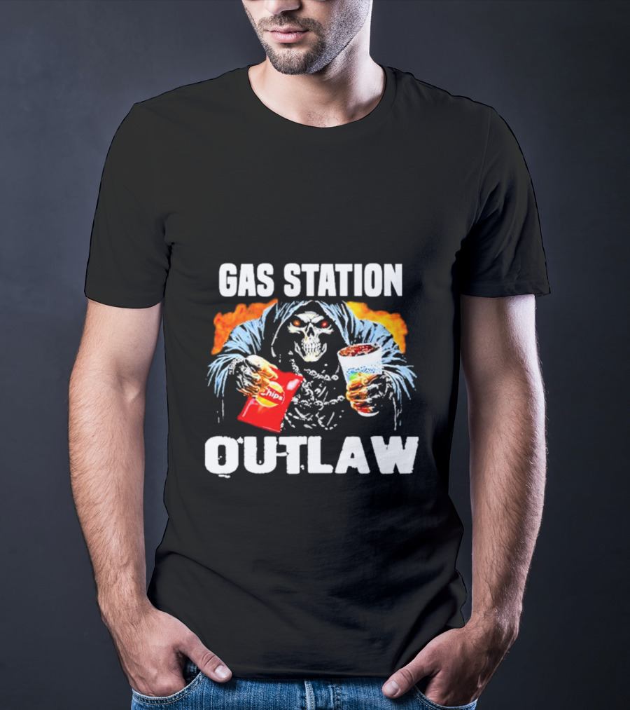 Gas Station Outlaw Chips Fiery Skull T-Shirt