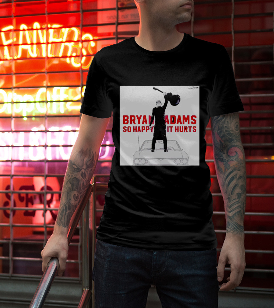 Bryan Adams So Happy It Hurts Album Cover Art Standing On Car With Guitar T-Shirt