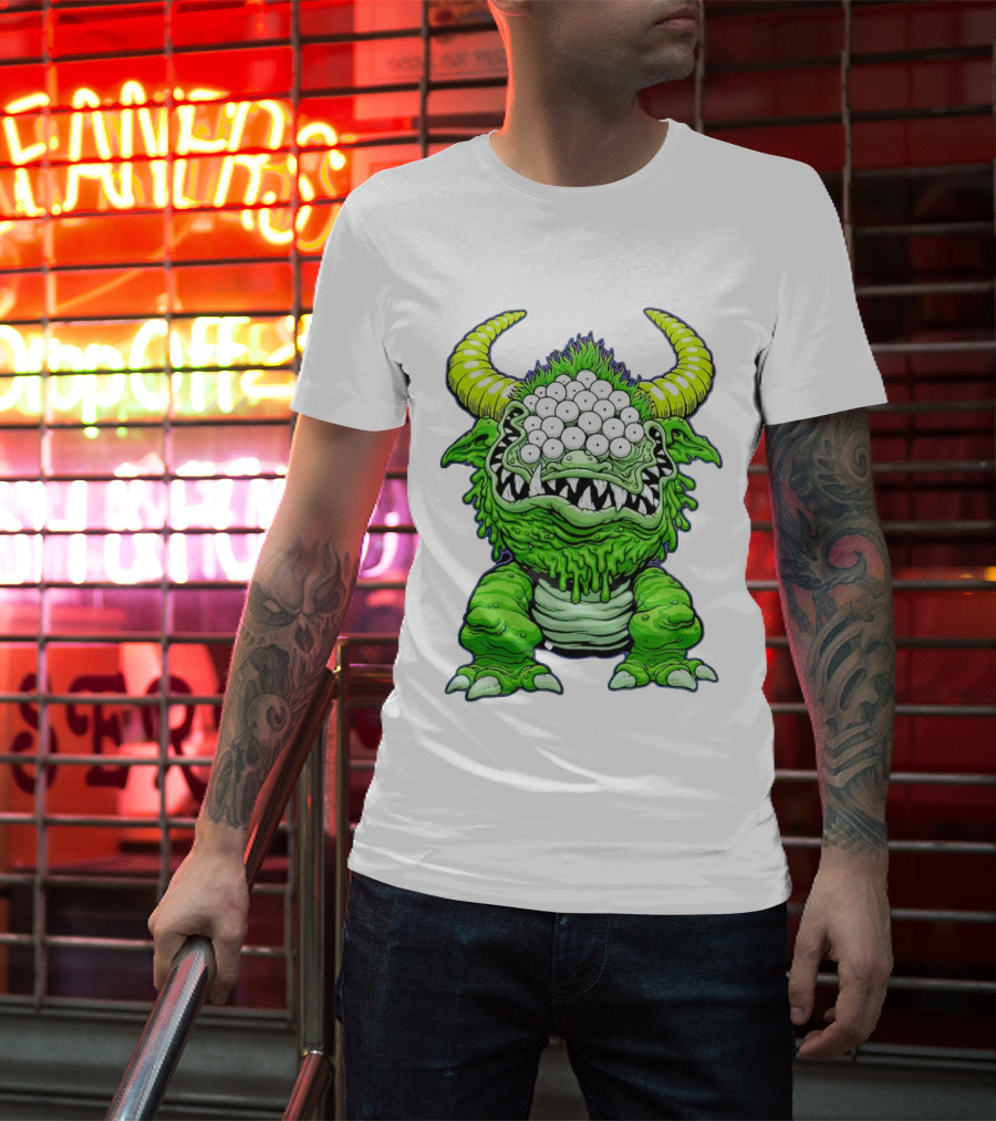 Black Beast Of Aaaarrgghh Multi-Eyed Green Monster With Horns T-Shirt