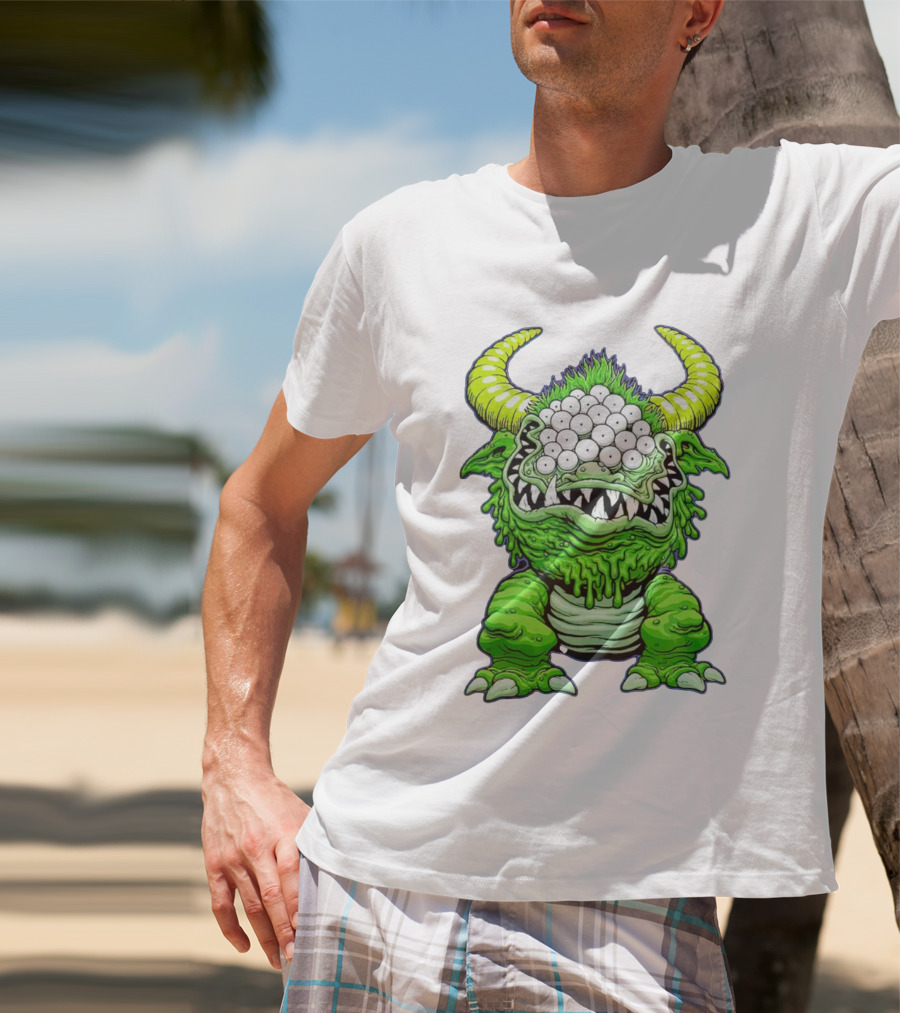 Black Beast Of Aaaarrgghh Multi-Eyed Green Monster With Horns T-Shirt
