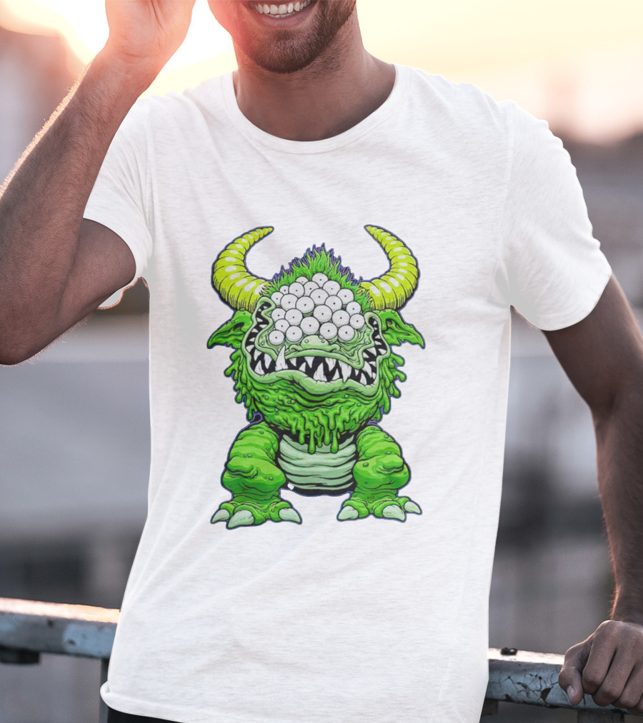 Black Beast Of Aaaarrgghh Multi-Eyed Green Monster With Horns T-Shirt