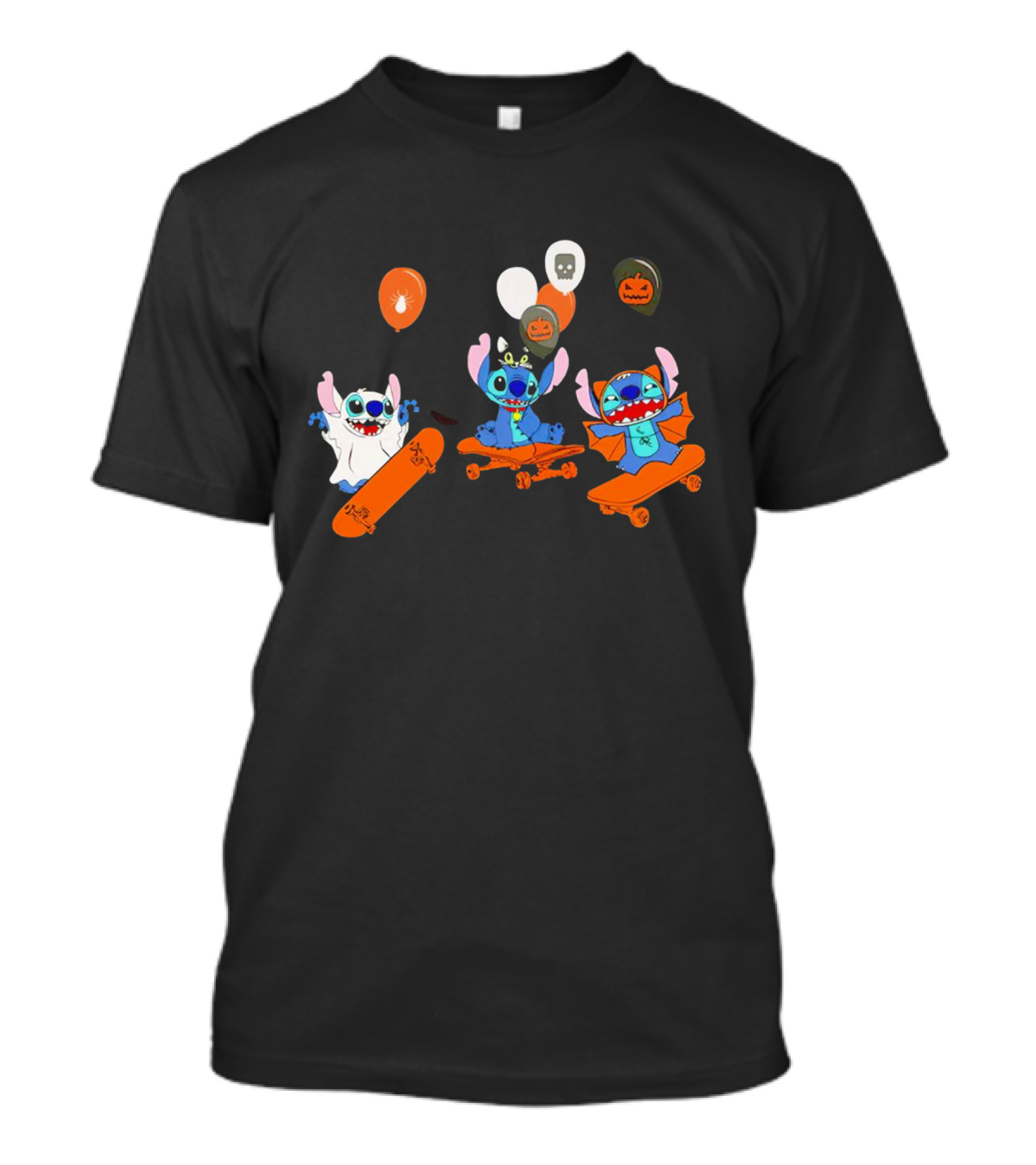 Stitch Skateboarding Halloween Balloons Cute Ghost Pumpkin T-Shirt
