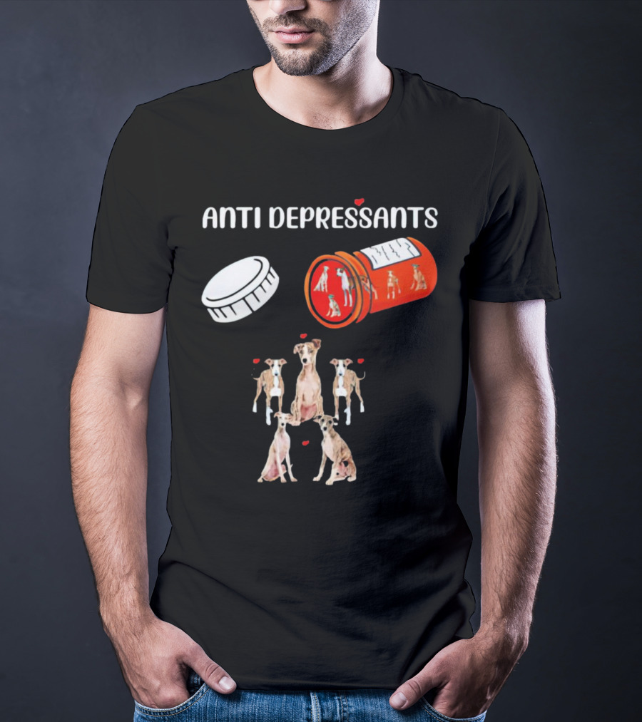 Anti Depressants Dogs Medicine Bottle With Greyhound Puppies T-Shirt