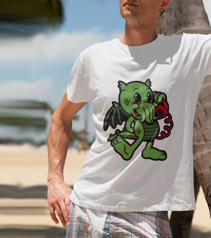 Chubby Cthulhu Phone Call Cartoon With Red Retro Telephone T-Shirt