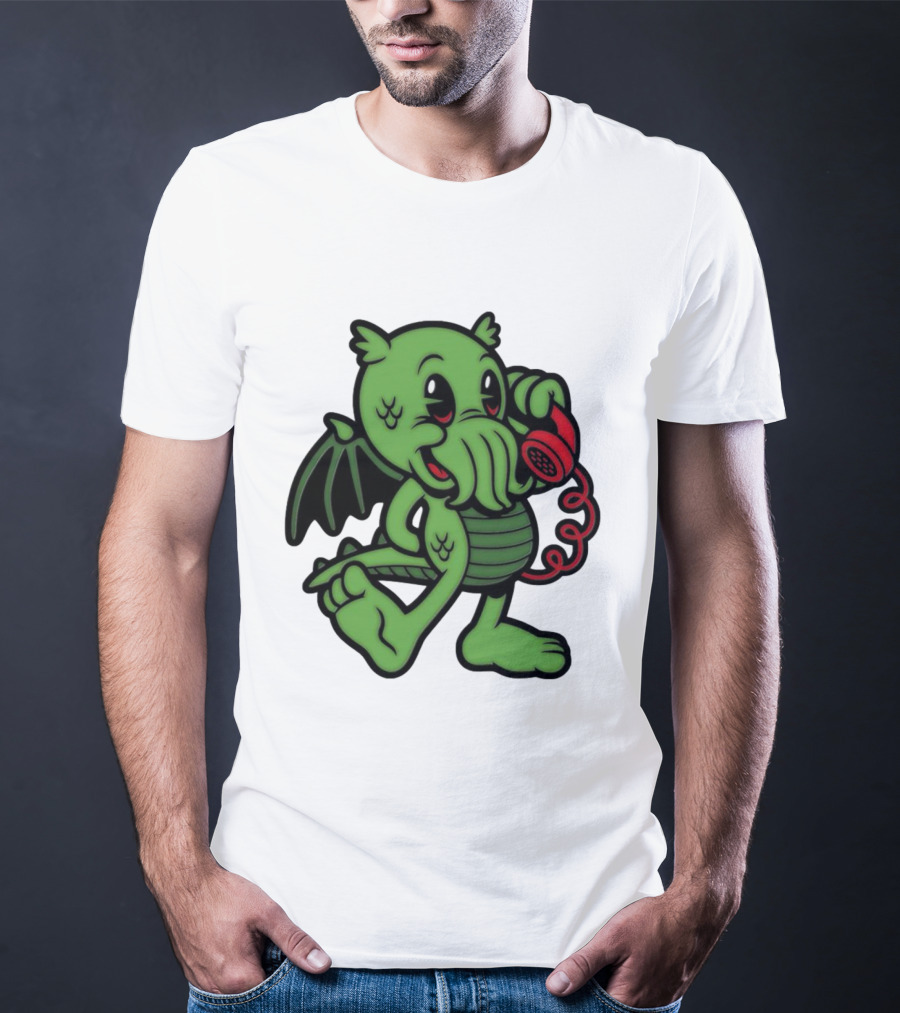Chubby Cthulhu Phone Call Cartoon With Red Retro Telephone T-Shirt