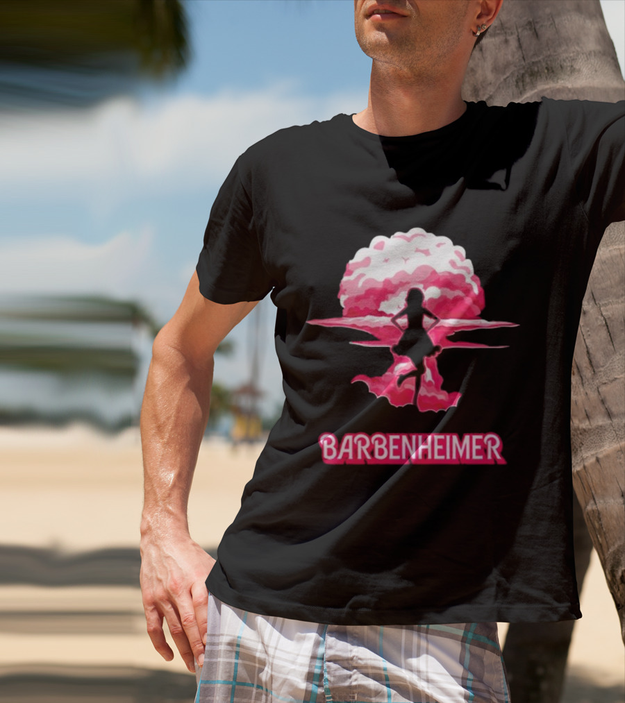 Barbenheimer Fusion Silhouette With Pink Explosion Background T-Shirt