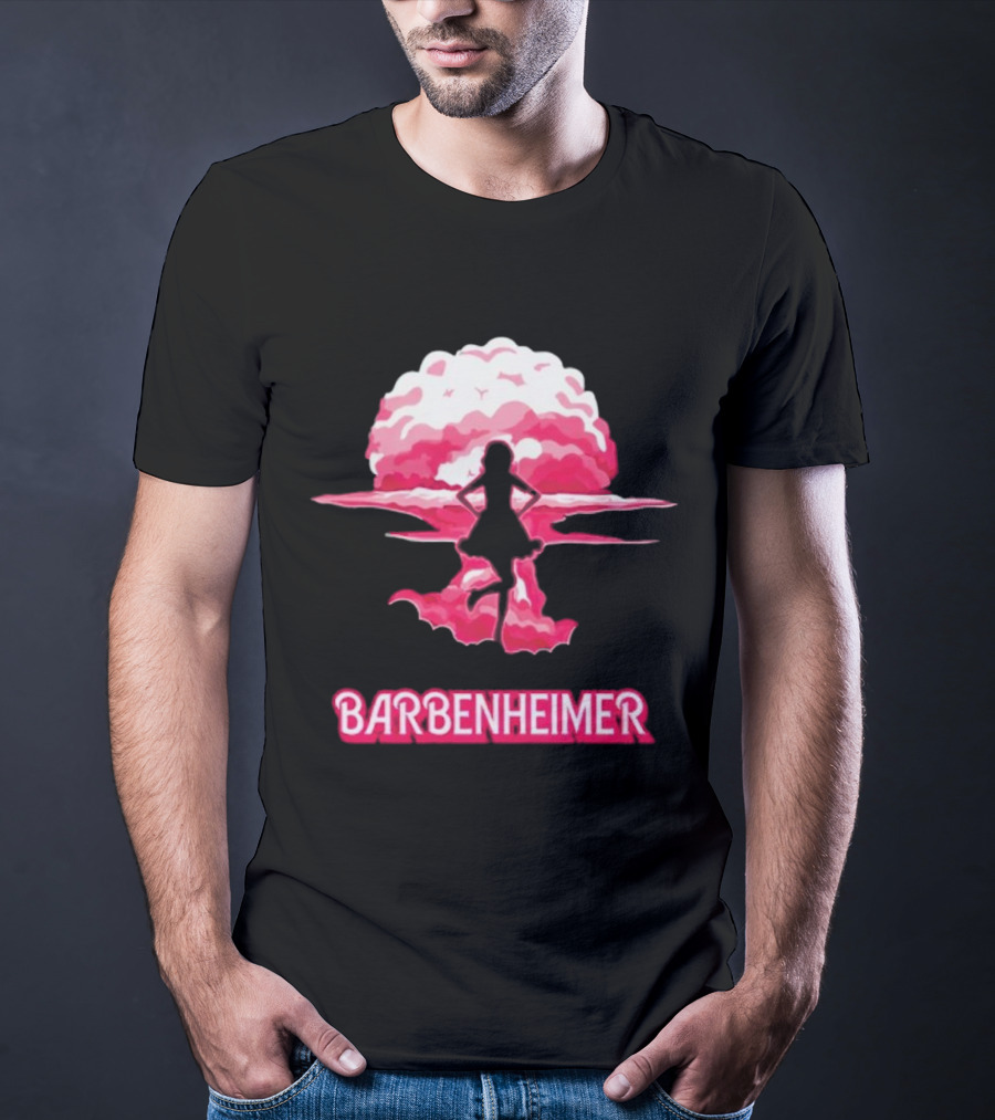 Barbenheimer Fusion Silhouette With Pink Explosion Background T-Shirt