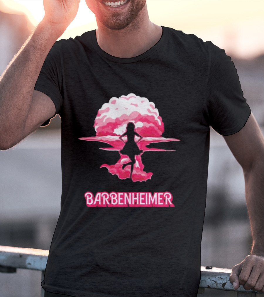 Barbenheimer Fusion Silhouette With Pink Explosion Background T-Shirt