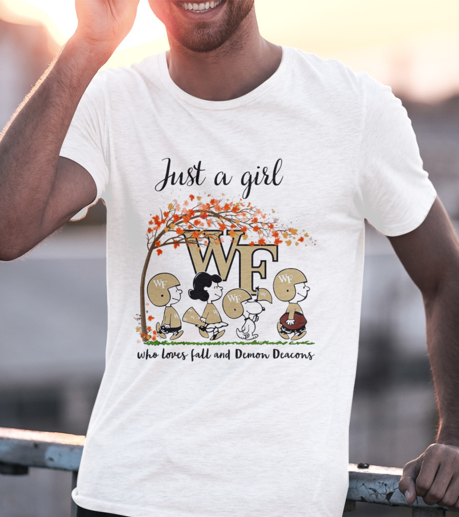 Just A Girl Who Loves Fall And Wake Forest Demon Deacons Peanuts Cartoon Halloween Football T-Shirt