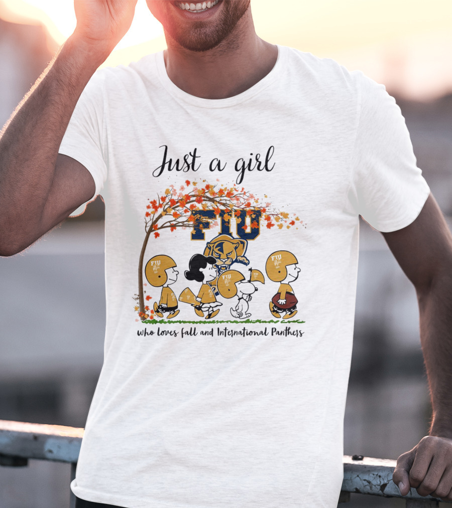 Just A Girl Who Loves Fall And FIU International Panthers Peanuts Cartoon T-Shirt