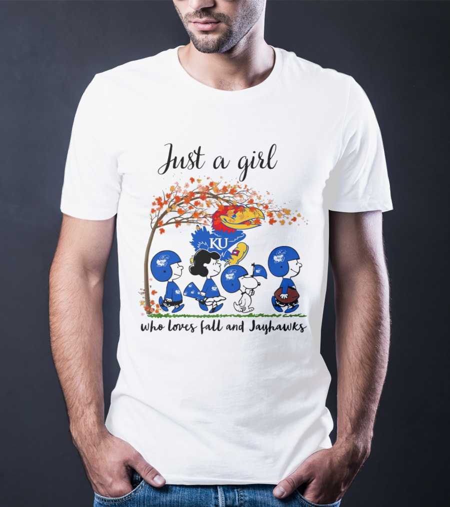 Just A Girl Who Loves Fall And Jayhawks Peanuts Cartoon Halloween KU T-Shirt